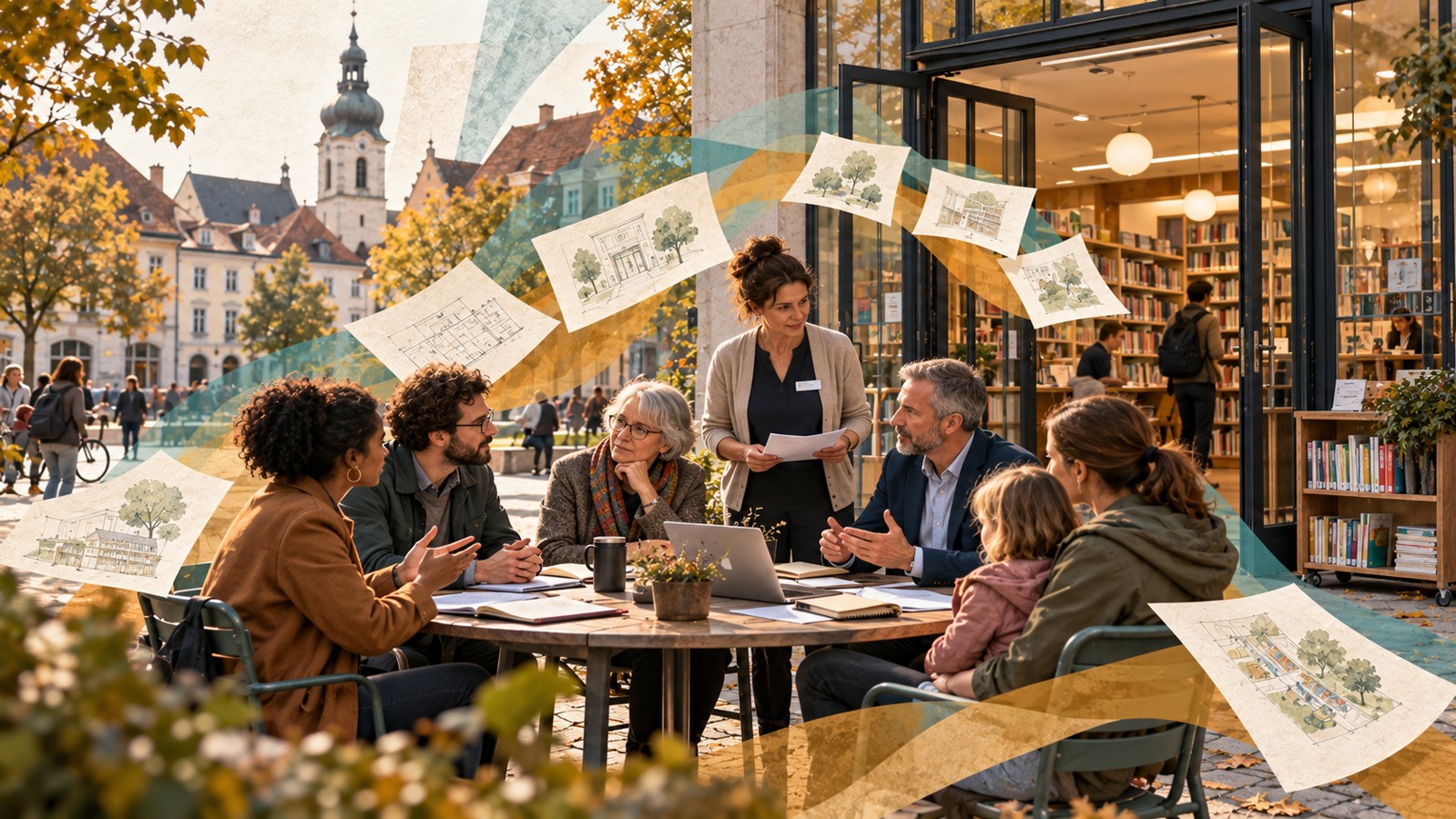 Menschen beraten vor einer Bibliothek über deren Zukunft.