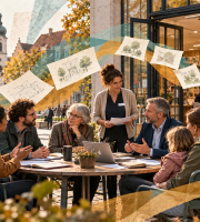 Menschen beraten vor einer Bibliothek über deren Zukunft.
