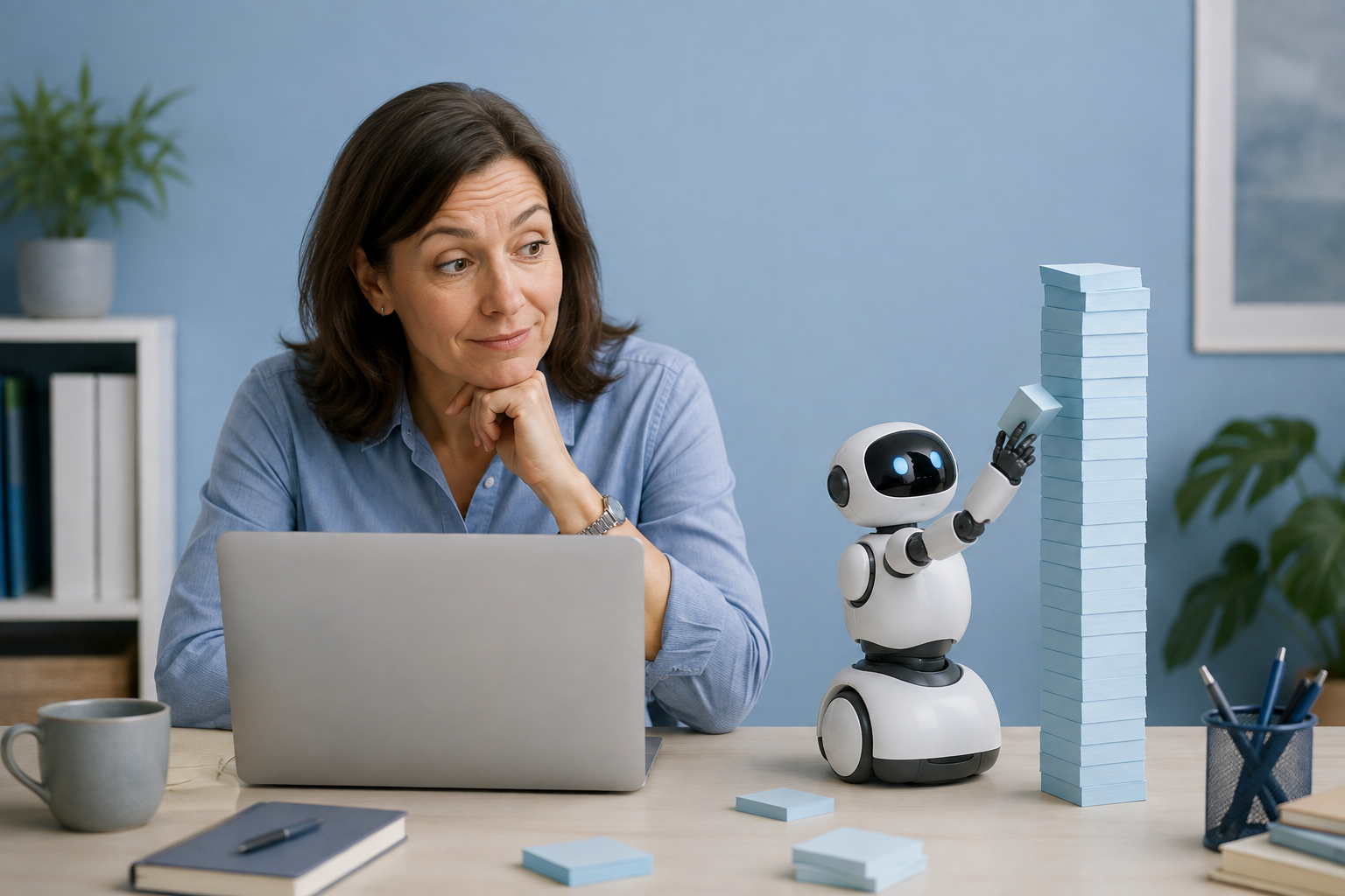 Frau beobachtet einen kleinen Roboter bei einer Büroaufgabe